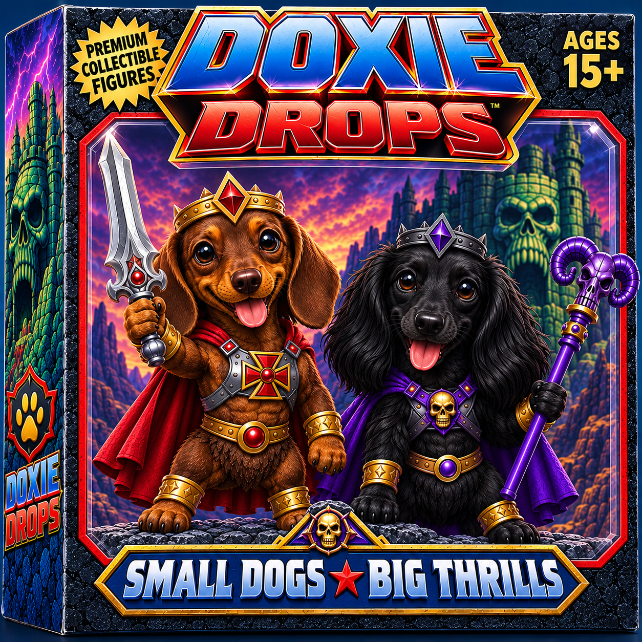 Doxie Drops collectible-box artwork featuring Roman and Riot